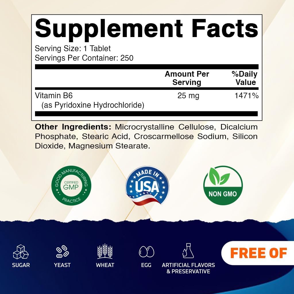 Vitamatic Vitamin B6 (Pyridoxine HCl), 25 mg, 250 Vegetarian Tablets - görsel 2
