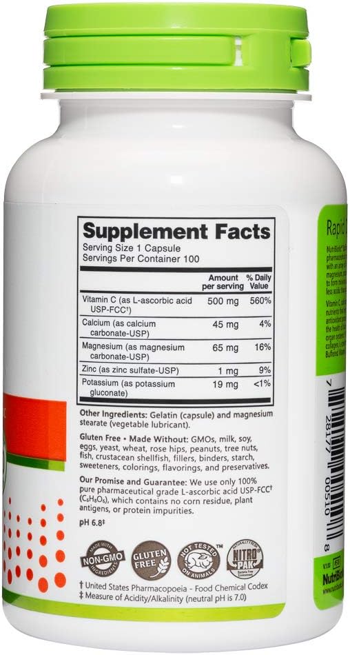 NutriBiotic Buffered Vitamin C, 500 mg, 100 Capsules - Pharmaceutical Grade with Minerals - görsel 3
