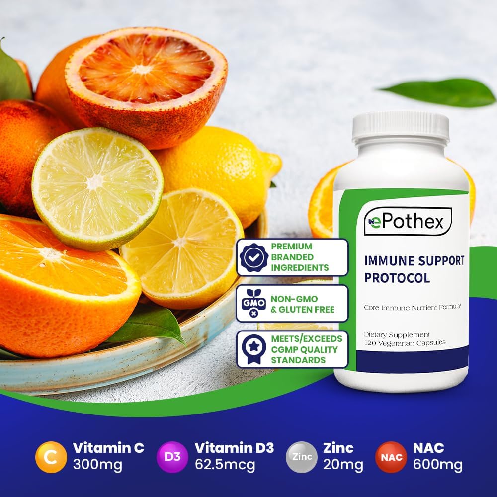 EPOTHEX Immune Support Protocol – Effective Blend of Vitamin C, N-Acetyl Cysteine, Zinc, Vitamin D 2500 IU, Vitamin A, Quercetin – 120 Capsules (60-Day Supply) - görsel 4
