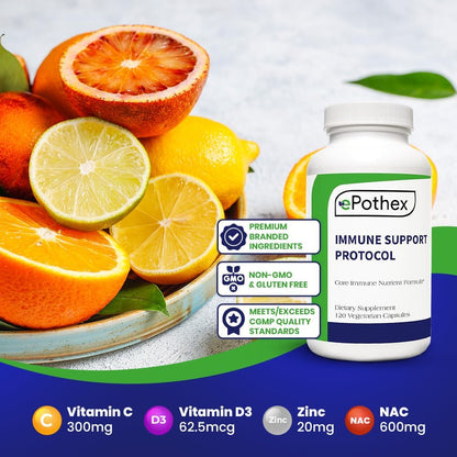 EPOTHEX Immune Support Protocol – Effective Blend of Vitamin C, N-Acetyl Cysteine, Zinc, Vitamin D 2500 IU, Vitamin A, Quercetin – 120 Capsules (60-Day Supply)
