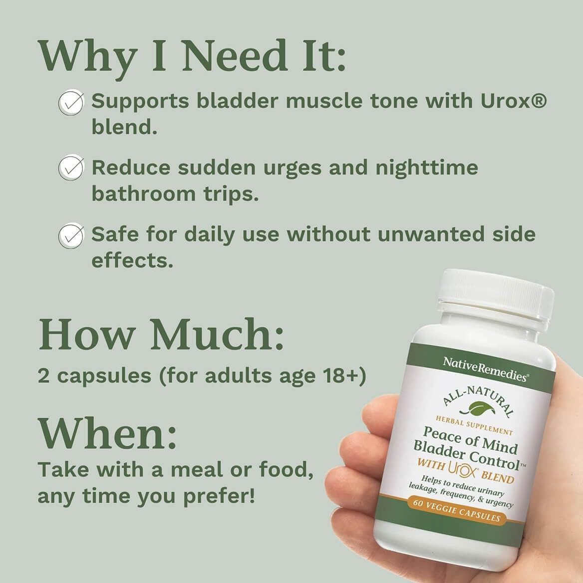 Native Remedies Peace of Mind with Urox – Bladder Support Supplement for Women and Men (60 Capsules) - görsel 3