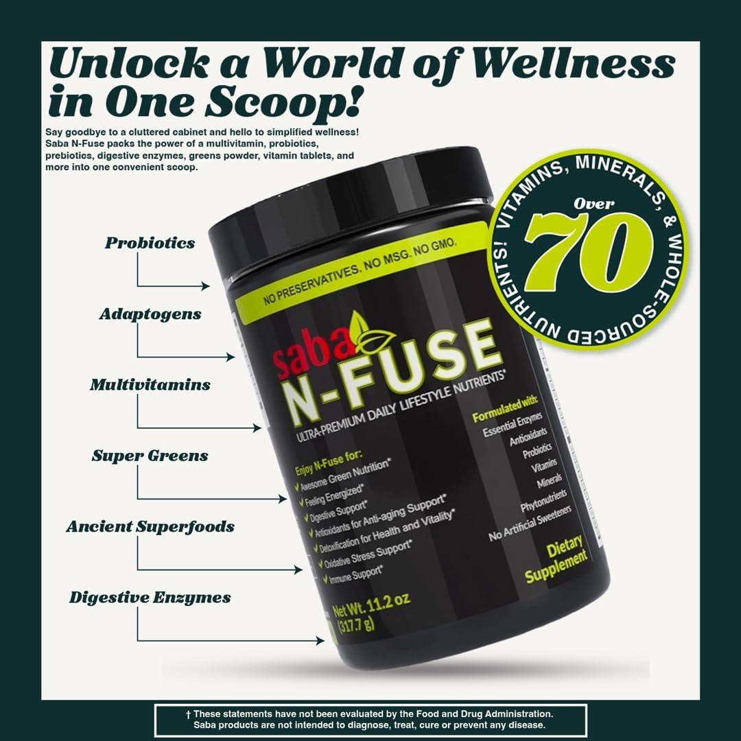 Saba N-Fuse Super Greens Powder – 50+ Superfoods, Probiotics and Digestive Enzymes for Gut Health and Energy, 30 Servings - görsel 2