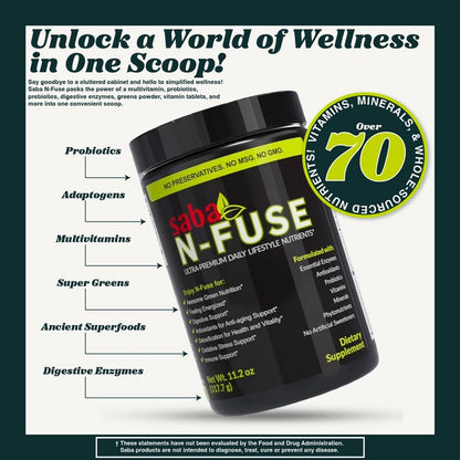 Saba N-Fuse Super Greens Powder – 50+ Superfoods, Probiotics and Digestive Enzymes for Gut Health and Energy, 30 Servings