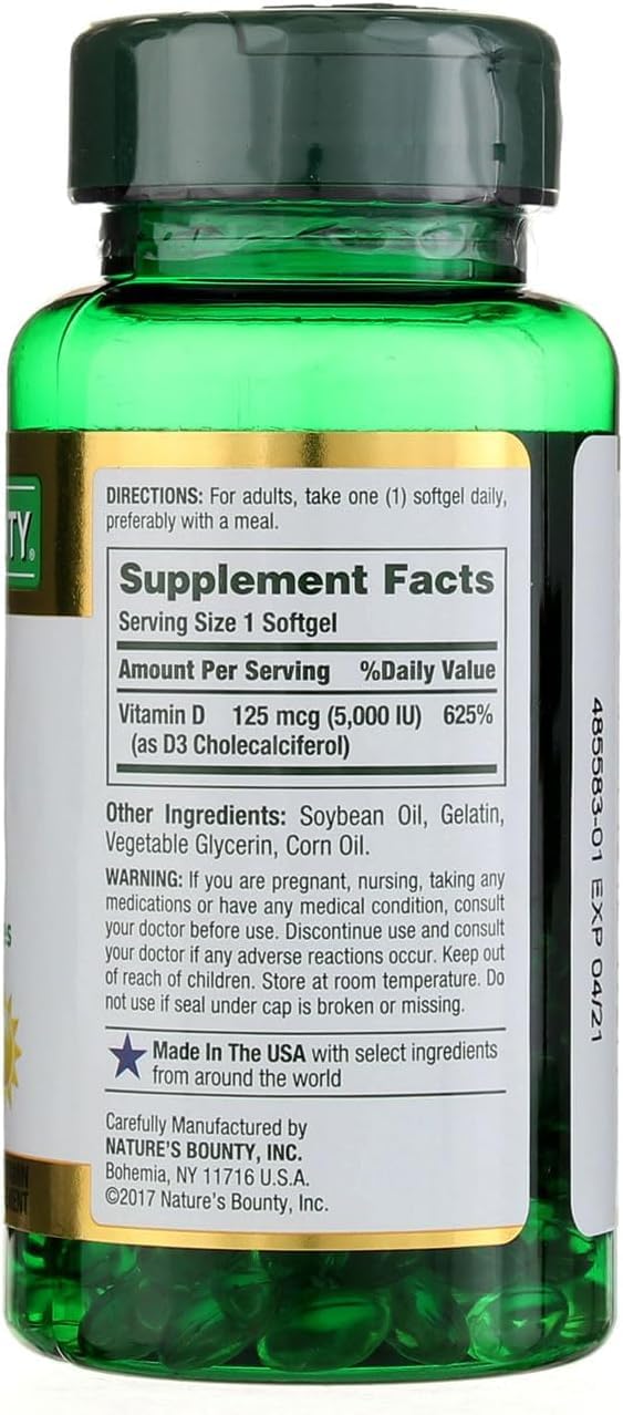 Nature's Bounty Vitamin D-5000 IU Softgels, High Strength 150 per bottle (Pack of 2) - görsel 2