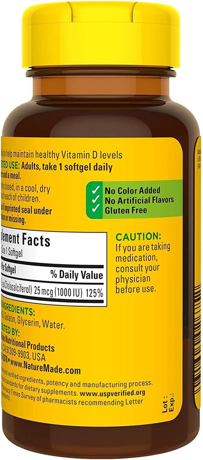 Nature Made Vitamin D3 1000 IU Liquid Softgels, 200 Count (Pack of 2)