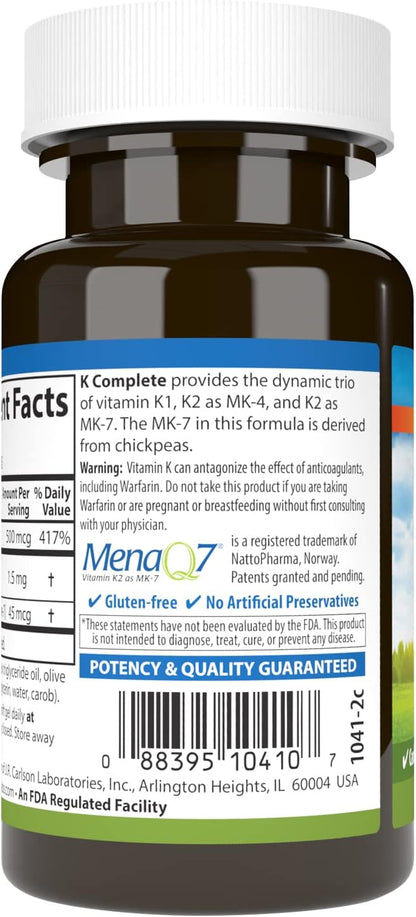 Carlson K Complete - Vitamin K1 & K2 (MK-4 & MK-7) - Supports Bone & Heart Health - 45 Softgels