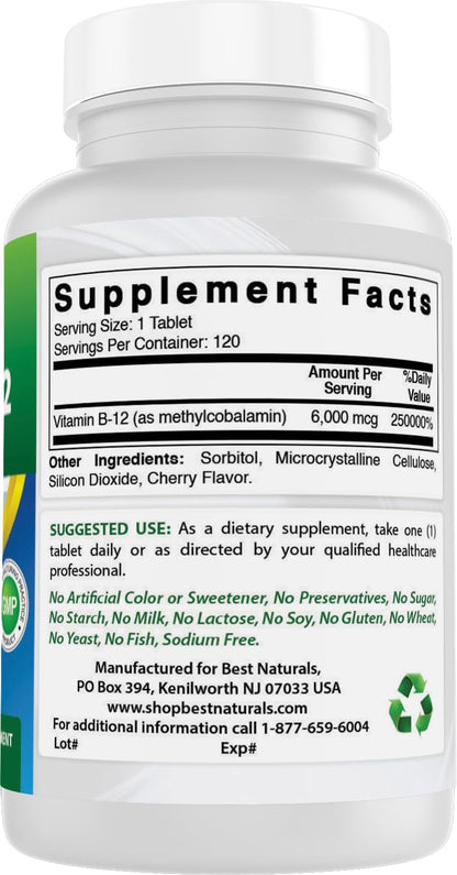 Best Naturals Vitamin B12 6000 mcg, 120 Tablets