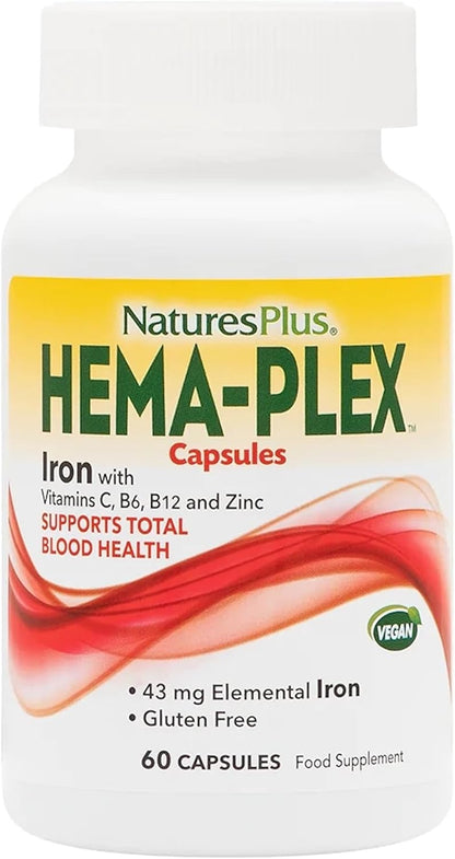 NaturesPlus Hema-Plex Iron – 85 mg Chelated Iron with Vitamin C and Bioflavonoids – 60 Capsules
