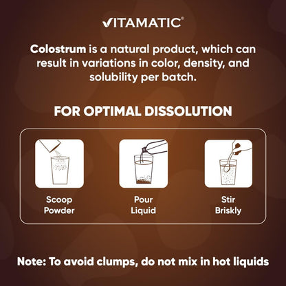 Vitamatic Bovine Colostrum Powder – Gut Health, Hair Growth, Beauty, Muscle Recovery & Immune Support – Chocolate Flavour – 81g (30 Servings)