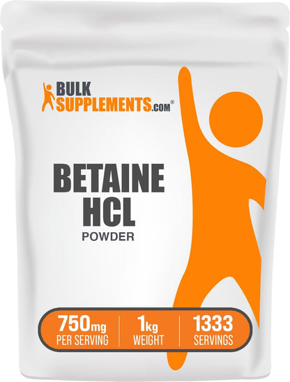 BulkSupplements.com Betaine HCl Powder - Betaine Hydrochloride Supplement, Digestive Support - Gluten-free, 750mg per Serving, 1kg (2.2 lbs) (Pack of 1)