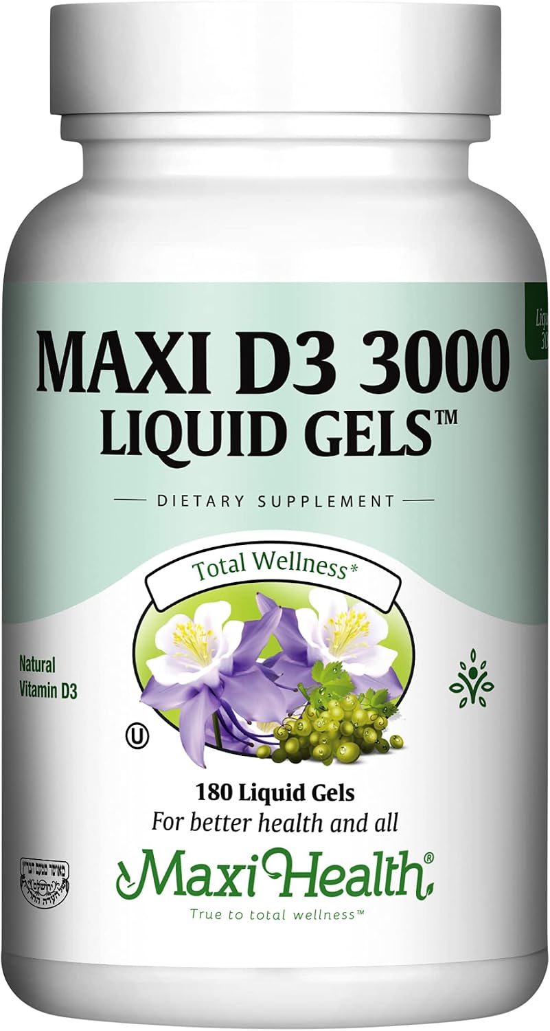 Maxi Health Vitamin D3 3000 IU (75 mcg) – Liquid Soft gel capsule Capsules for Bone and Immune Support – Non-GMO, Kosher, 180 Count - görsel 1