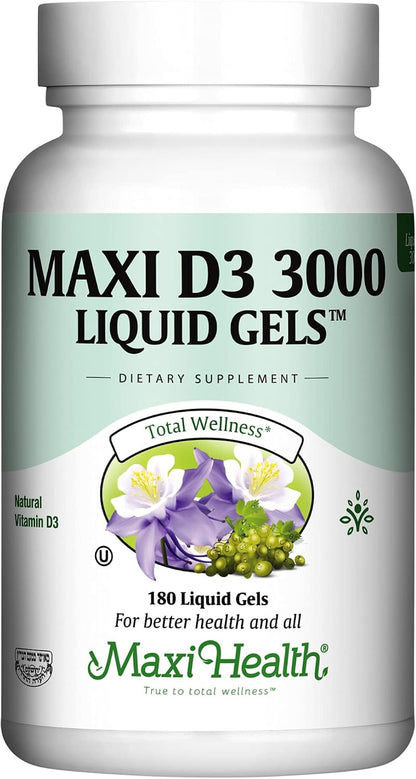 Maxi Health Vitamin D3 3000 IU (75 mcg) – Liquid Soft gel capsule Capsules for Bone and Immune Support – Non-GMO, Kosher, 180 Count