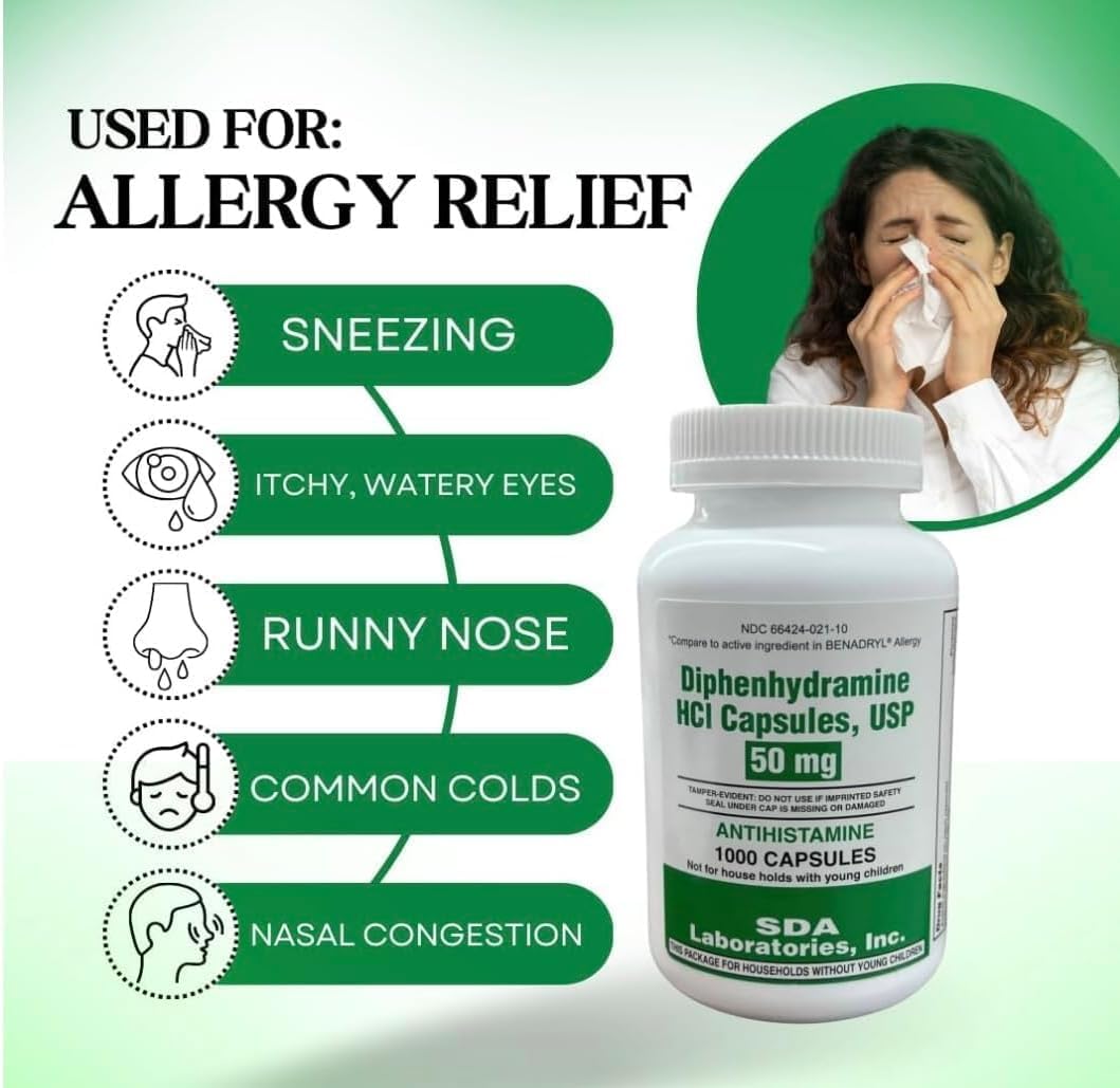 SDA LABORATORIES Diphenhydramine 50mg Allergy Relief - 1000 Capsules - görsel 8