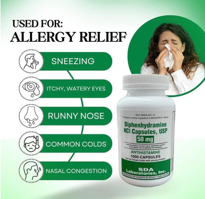 SDA LABORATORIES Diphenhydramine 50mg Allergy Relief - 1000 Capsules
