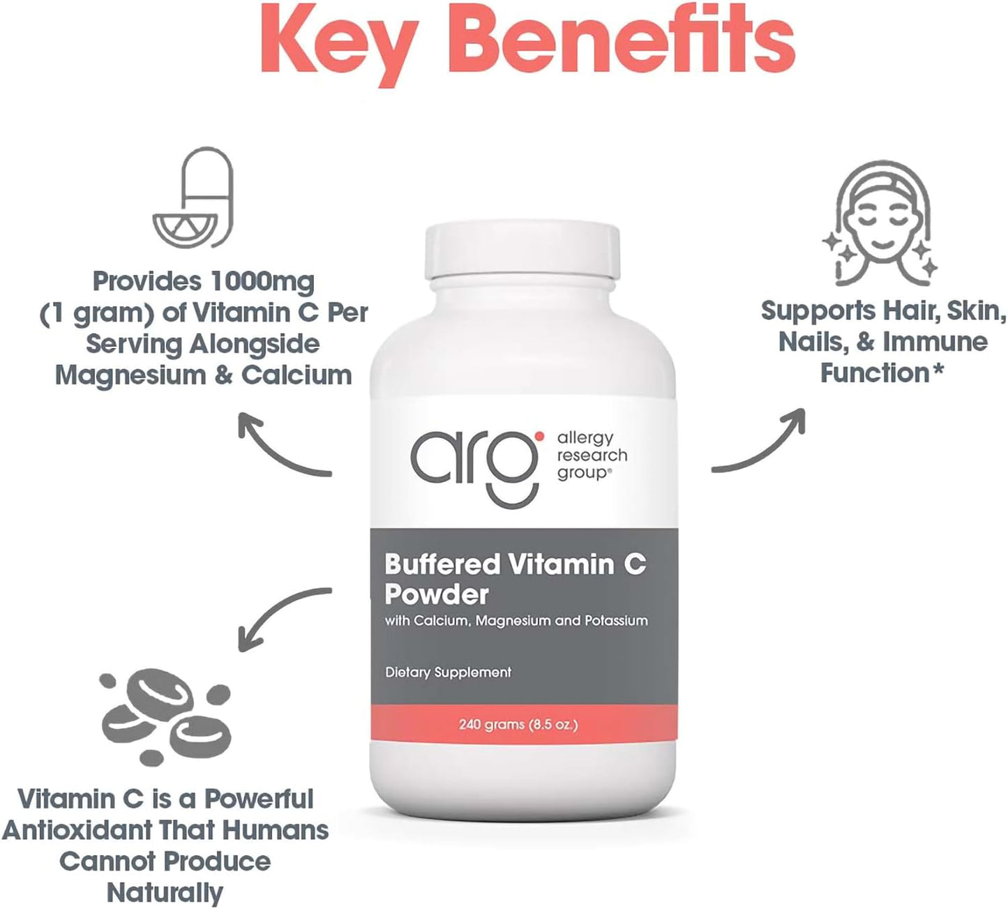 ARG Buffered Vitamin C Powder - Buffered Vitamin C for Antioxidant & Immune Support - Ascorbic Acid with Calcium, Magnesium & Potassium - Non-GM & Gluten-Free - 102 Servings - 241 g - görsel 4
