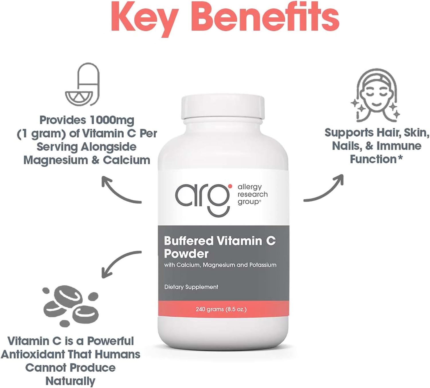 ARG Buffered Vitamin C Powder - Buffered Vitamin C for Antioxidant & Immune Support - Ascorbic Acid with Calcium, Magnesium & Potassium - Non-GM & Gluten-Free - 102 Servings - 241 g - görsel 4