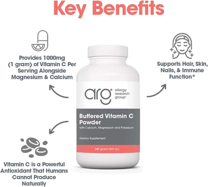 ARG Buffered Vitamin C Powder - Buffered Vitamin C for Antioxidant & Immune Support - Ascorbic Acid with Calcium, Magnesium & Potassium - Non-GM & Gluten-Free - 102 Servings - 241 g