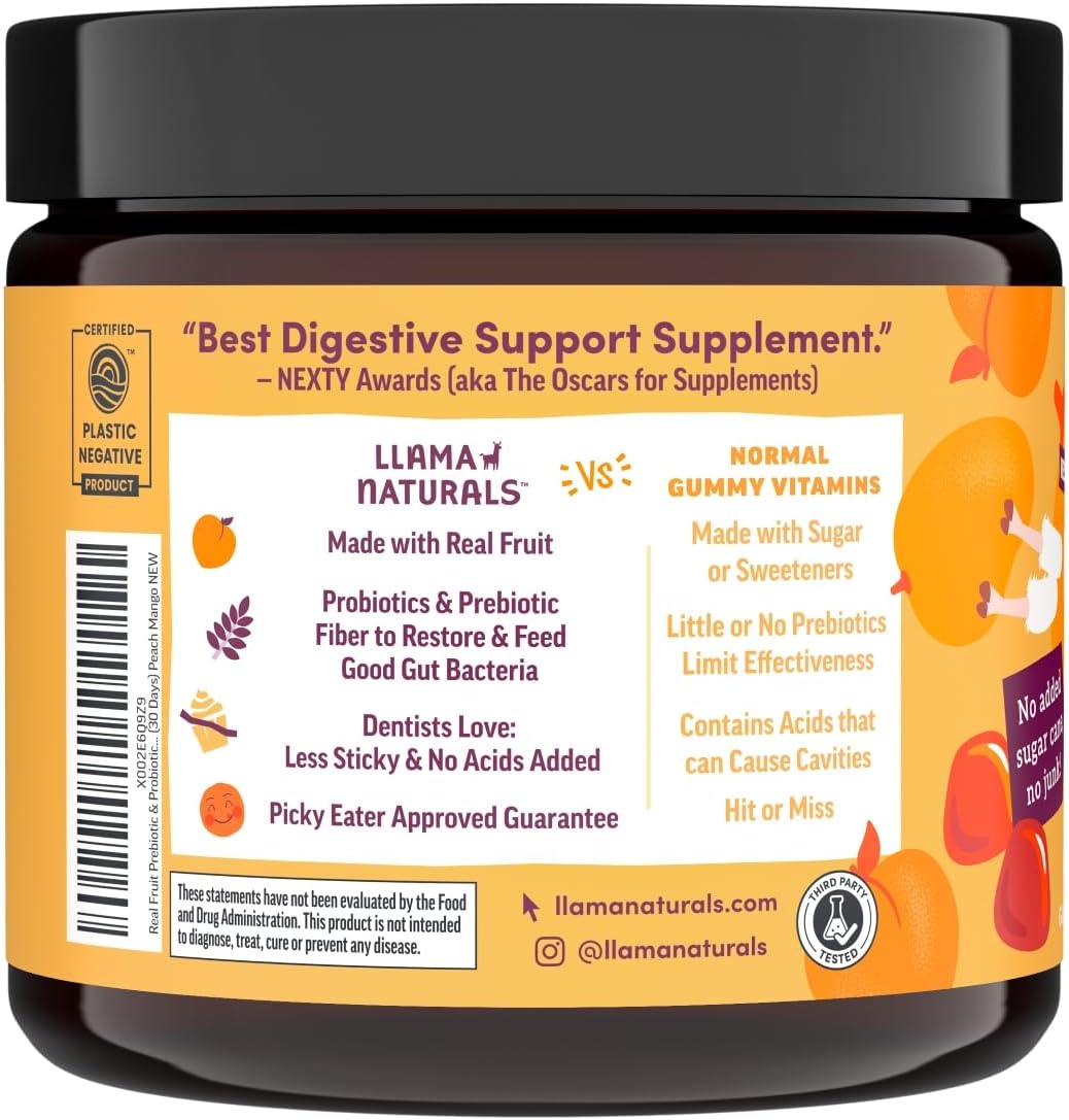 Llama Naturals Kids Probiotic with Prebiotic Fibre, Organic Real Fruit Gummies, Peach Mango, 120 Ct - görsel 6