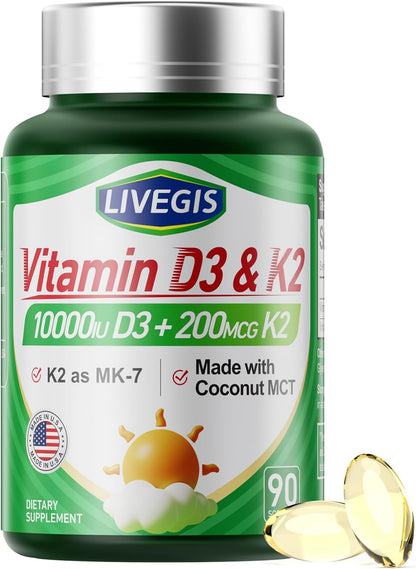 LIVEGIS Vitamin D3 K2 Soft gel capsules – 10,000 IU D3 & 200 mcg K2 (MK-7) with Coconut Oil, 90 Count