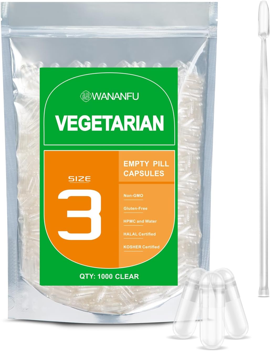 wananfu Size 3 Empty Capsules Vegetarian (500 Count) Bundle with 2 Micro Lab Spoons, Clear Fillable Vegetable Pill Capsules Size 3 for Making Your Own Supplements - görsel 1