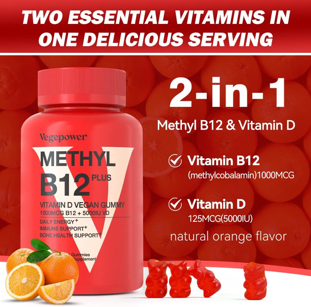 VEGEPOWER Vitamin B12 1000 mcg Gummies for Adults - Vegan Methyl B12 & D3 5000 IU - Orange Flavour 180 Bears - görsel 6