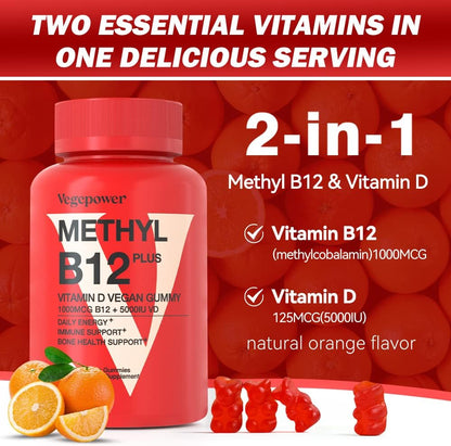 VEGEPOWER Vitamin B12 1000 mcg Gummies for Adults - Vegan Methyl B12 & D3 5000 IU - Orange Flavour 180 Bears
