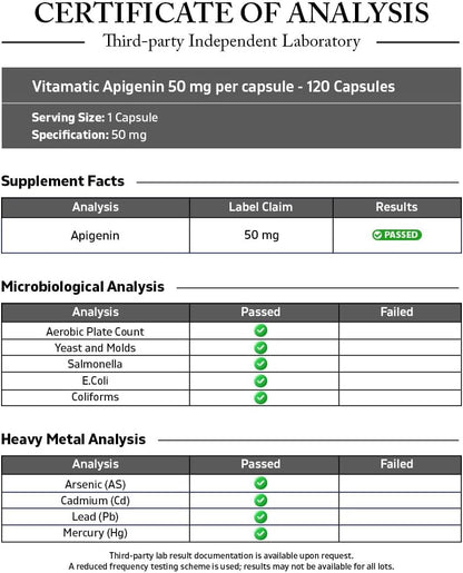 Vitamatic Apigenin 50mg – 120 Vegetarian Capsules, Plant-Based Flavonoid for Relaxation & Healthy Ageing