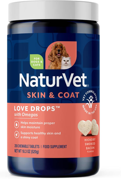 NaturVet Love Drops Plus Omegas Skin & Coat Supplement for Dogs and Cats – Peanut Butter Flavour, 200 Chewable Tablets