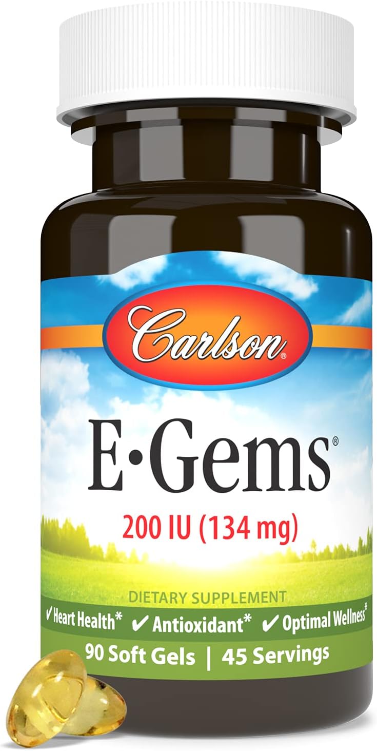 Carlson E-Gems 200 IU (134 mg), Natural-Source Vitamin E, for Overall Wellbeing, 90 Soft Gels - görsel 1