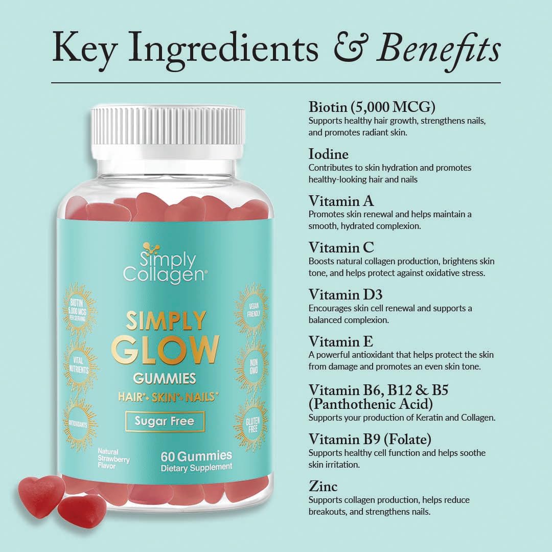 Simply Collagen Simply Glow Hair, Skin & Nails Gummies – Vegan, Sugar-Free, Gluten-free – Biotin 5000 mcg – 60 Count - görsel 5