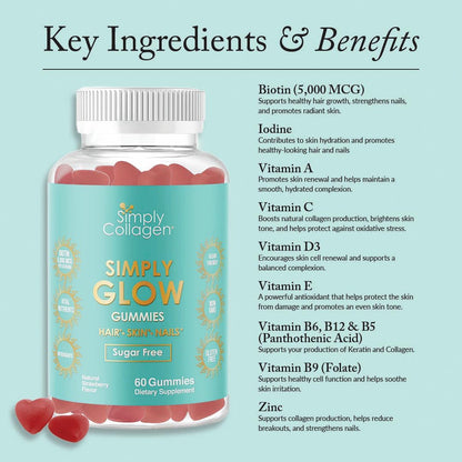 Simply Collagen Simply Glow Hair, Skin & Nails Gummies – Vegan, Sugar-Free, Gluten-free – Biotin 5000 mcg – 60 Count