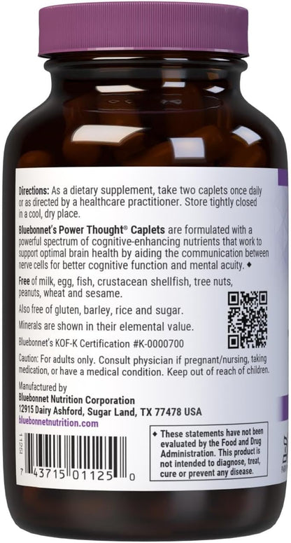 BlueBonnet Nutrition Power Thought Nootropic Brain Support Supplement with Phosphatidylserine, B Vitamins, Ginkgo, L-Tyrosine for Daily Focus - Non-GMO, Gluten-Free - 90 Tablets