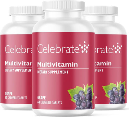 Celebrate Vitamins Bariatric Multivitamin Chewable, Iron-Free - Post-Gastric Bypass and Sleeve Gastrectomy Food Supplement for Men and Women - Essential Minerals and Vitamins A, B, D and E - Grape Flavour (180 Tablets)