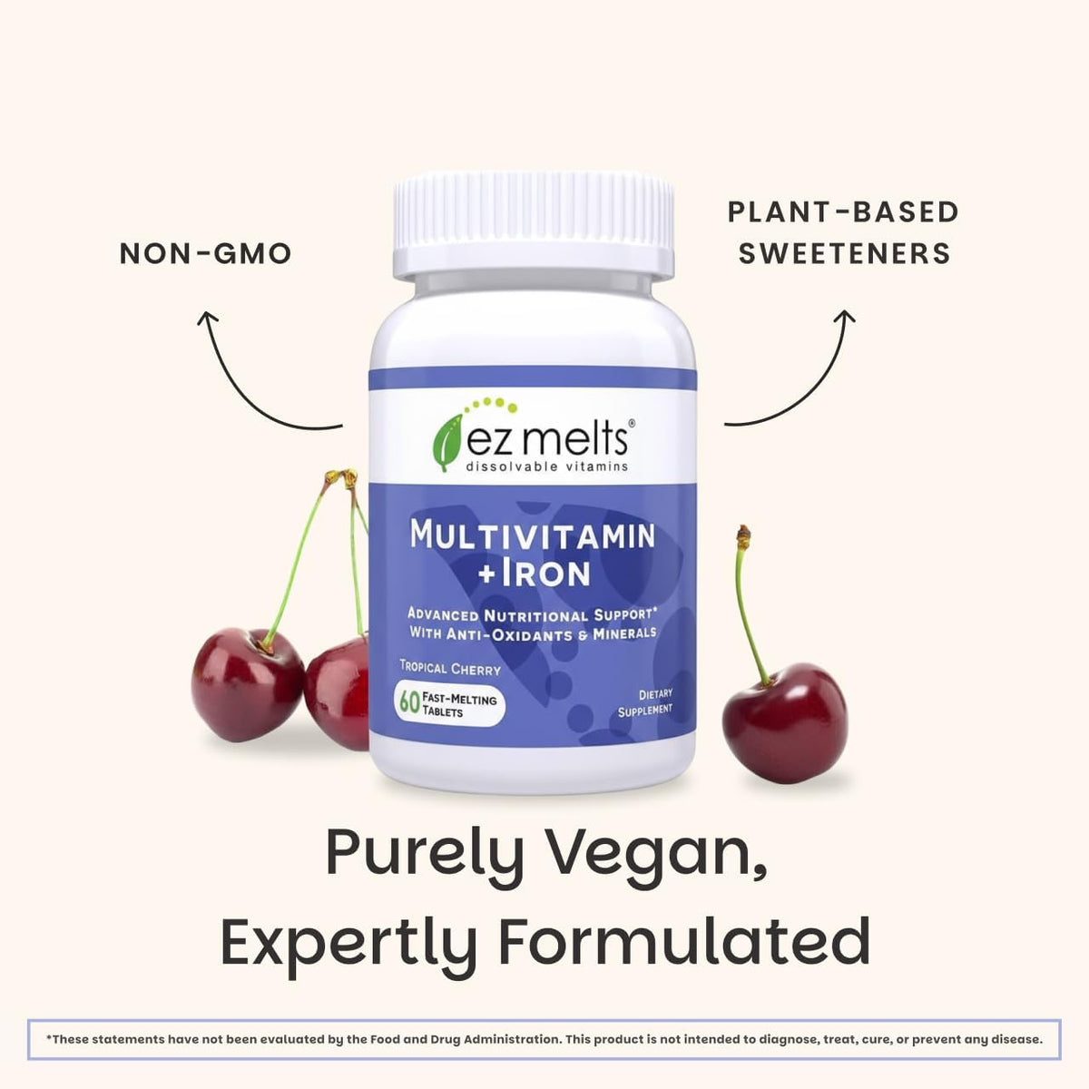 EZ Melts Multivitamin + Iron - Daily Multivitamin for Women and Men - Tropical Cherry - 60 Dissolvable Tablets - görsel 6