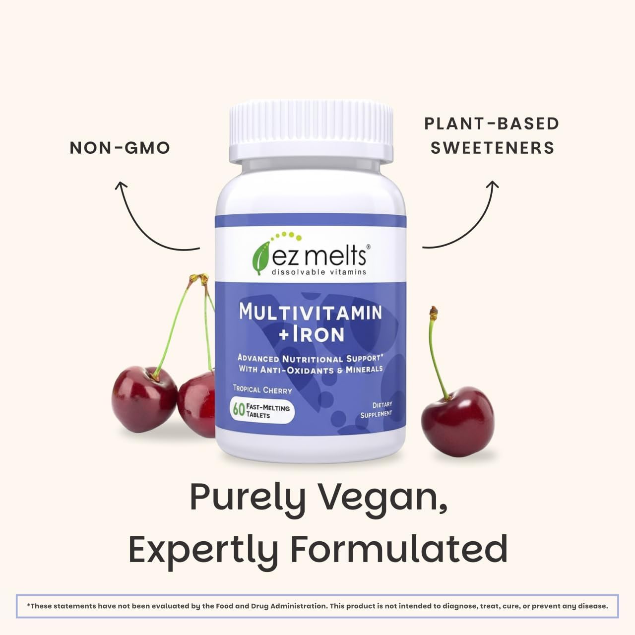 EZ Melts Multivitamin + Iron - Daily Multivitamin for Women and Men - Tropical Cherry - 60 Dissolvable Tablets - görsel 6