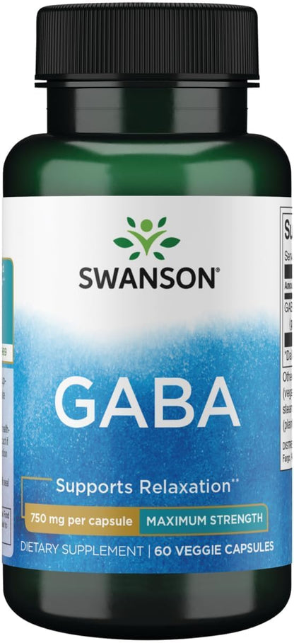 Swanson Maximum Strength GABA 750 mg, 60 Veggie Capsules (Twin Pack)