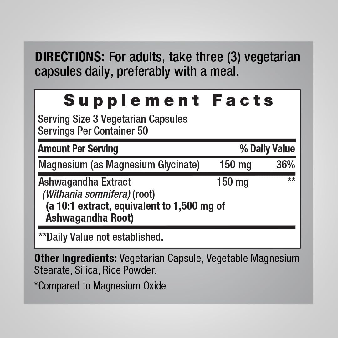 Piping Rock Magnesium Glycinate & Ashwagandha Complex Food Supplement - 150 Vegetarian Capsules - görsel 2