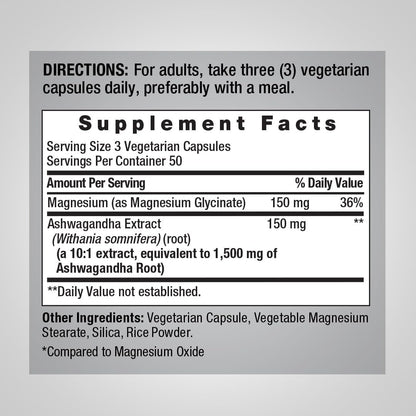 Piping Rock Magnesium Glycinate & Ashwagandha Complex Food Supplement - 150 Vegetarian Capsules