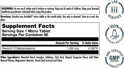 KAL Vitamin B12 Methylcobalamin 1000mcg, Fast Dissolve ActivMelt, Natural Tangerine Flavour – 90 Micro Tabs