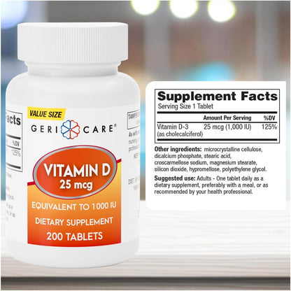 GeriCare Vitamin D-3 25 mcg (1,000 IU) – Supports Normal Bones, Immune System & Muscle Function – 200 Tablets