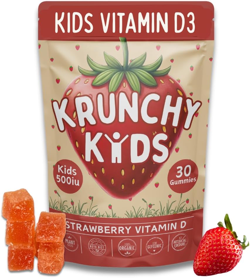 Krunchy Kids Vitamin D3 Gummies for Children 2+ – Clean Ingredients Strawberry Gummies, Vegan & Non-GMO, Low Glycaemic Vitamin D Supplement for Immune & Bone Support, 30 Count - görsel 1