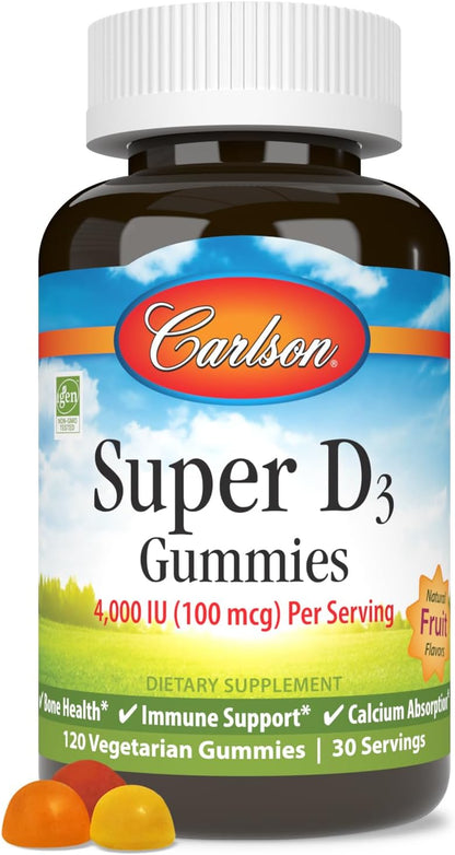 Carlson Super D3 Gummies 4000 IU (100 mcg) - Natural Fruit Flavours, 120 Vegetarian Gummies