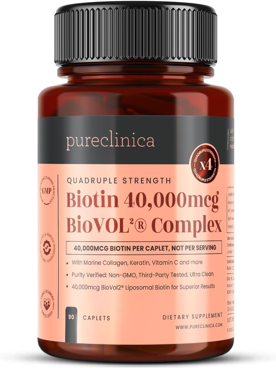 pureclinica 400% Strength Biotin 40,000mcg - 90 Caplets - BioVOL² Liposomal Biotin Complex with Marine Collagen, Keratin, Vitamin C and More - 3-Month Supply - görsel 1