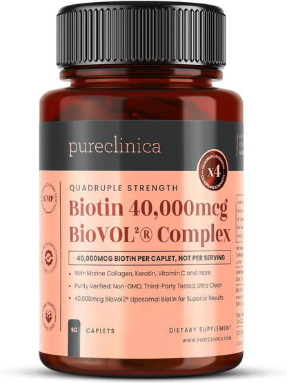 pureclinica 400% Strength Biotin 40,000mcg - 90 Caplets - BioVOL² Liposomal Biotin Complex with Marine Collagen, Keratin, Vitamin C and More - 3-Month Supply