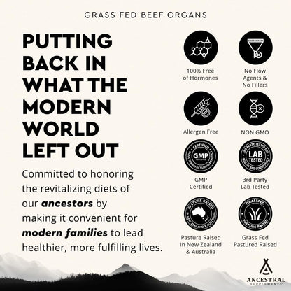 Ancestral Supplements Grass-Fed Beef Organ Supplement – Whole Body Wellness Blend, 180 Capsules