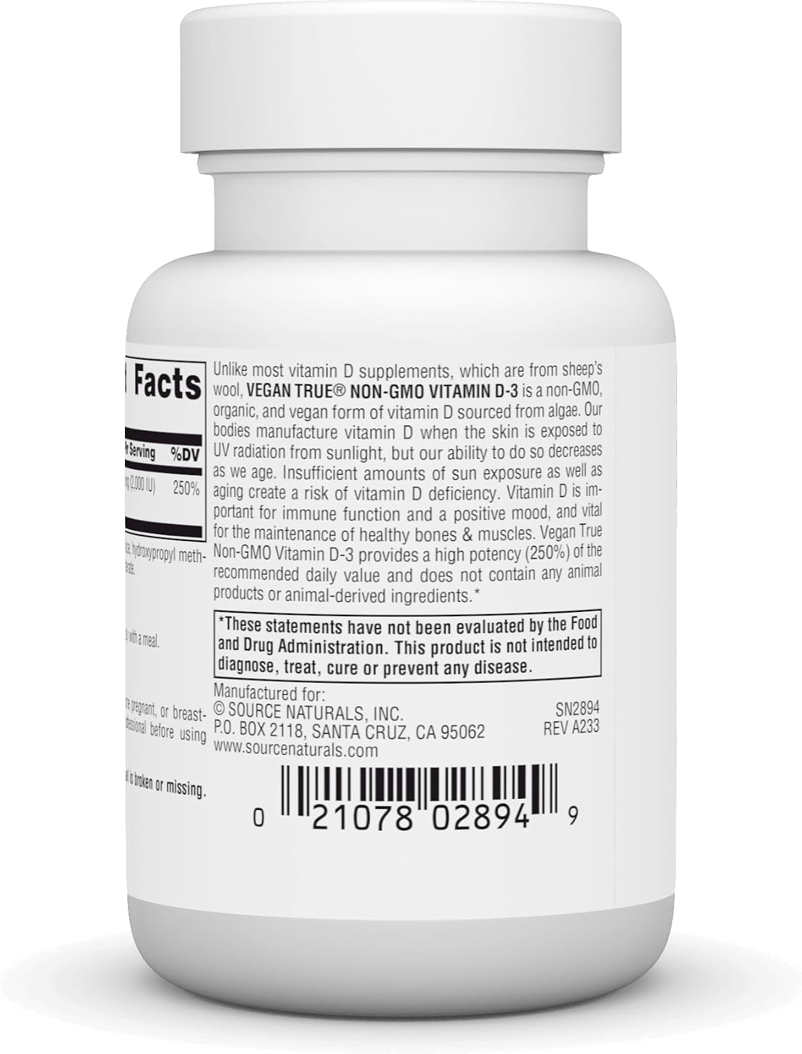 Source Naturals Vegan True Non-GMO Vitamin D3, 2,000 IU, 60 Capsules - görsel 4