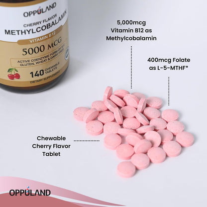 Oppuland Methyl B-12 5000mcg with Folate - Sublingual Tablets - Vegan Energy Support - 140 Tablets