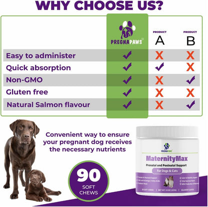 Prenatal Vitamins for Dogs & Cats – Pre & Postnatal Supplement with Probiotics, Glucosamine, MSM, CoQ10, & Essential Vitamins – Supports Pregnancy, Nursing & Recovery – 90 Soft Chews (Salmon Flavour)