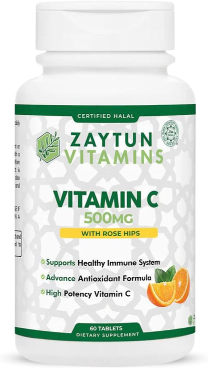 Zaytun Halal Vitamin C 500mg with Rose Hips & Bioflavonoids - Vegetarian, Gluten-Free - 60 Tablets (2-Month Supply)