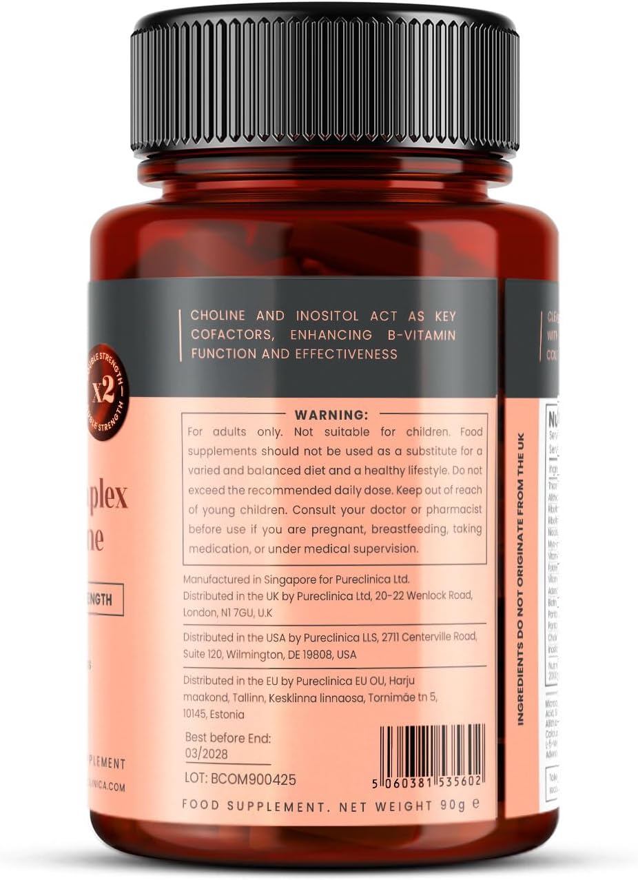 pureclinica Extra Strength B Complex with Inositol & Choline – High-Potency B Vitamins for Energy, Brain & Nerve Support – 90 Caplets (3 Months Supply) - görsel 7